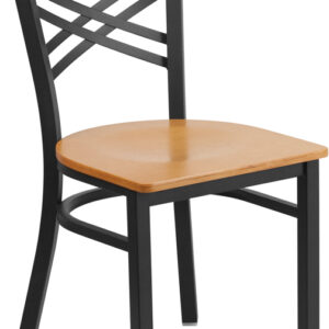 Wholesale HERCULES Series Black ''X'' Back Metal Restaurant Chair - Natural Wood Seat