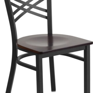 Wholesale HERCULES Series Black ''X'' Back Metal Restaurant Chair - Walnut Wood Seat