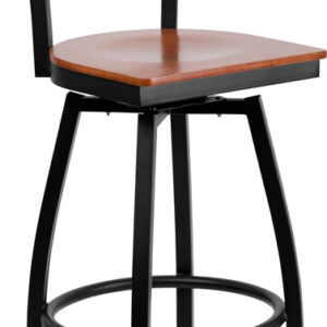 Wholesale HERCULES Series Black ''X'' Back Swivel Metal Barstool - Cherry Wood Seat