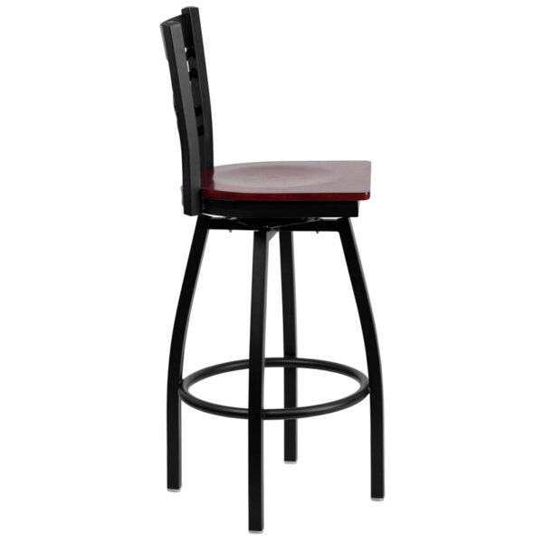 Lowest Price HERCULES Series Black ''X'' Back Swivel Metal Barstool - Mahogany Wood Seat