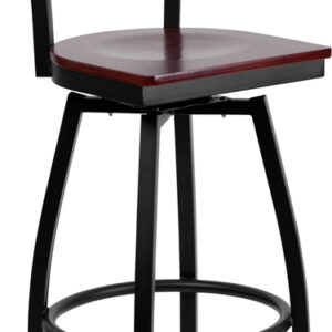 Wholesale HERCULES Series Black ''X'' Back Swivel Metal Barstool - Mahogany Wood Seat