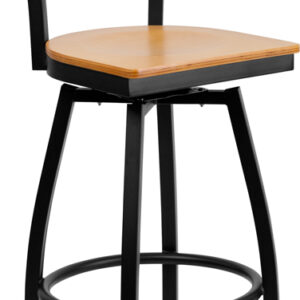 Wholesale HERCULES Series Black ''X'' Back Swivel Metal Barstool - Natural Wood Seat