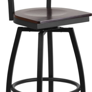 Wholesale HERCULES Series Black ''X'' Back Swivel Metal Barstool - Walnut Wood Seat