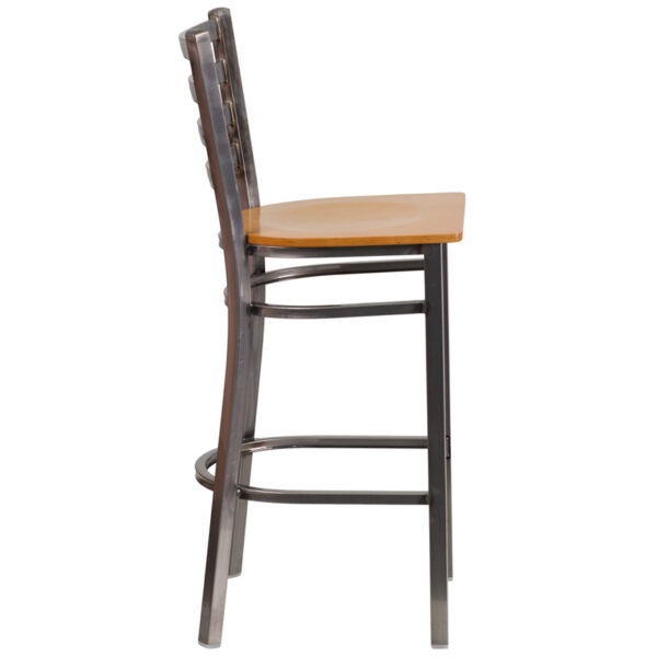 Lowest Price HERCULES Series Clear Coated Ladder Back Metal Restaurant Barstool - Natural Wood Seat