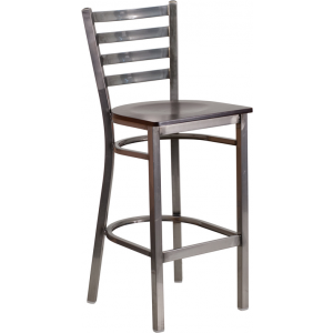 Wholesale HERCULES Series Clear Coated Ladder Back Metal Restaurant Barstool - Walnut Wood Seat