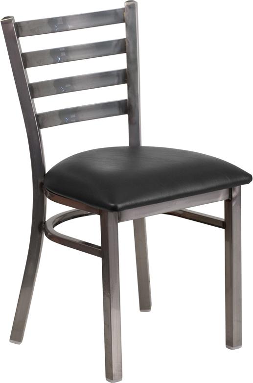 Wholesale HERCULES Series Clear Coated Ladder Back Metal Restaurant Chair - Black Vinyl Seat