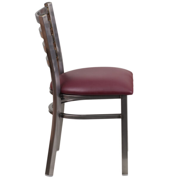Lowest Price HERCULES Series Clear Coated Ladder Back Metal Restaurant Chair - Burgundy Vinyl Seat