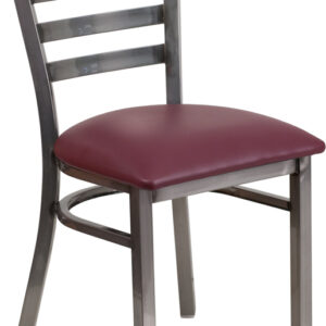 Wholesale HERCULES Series Clear Coated Ladder Back Metal Restaurant Chair - Burgundy Vinyl Seat