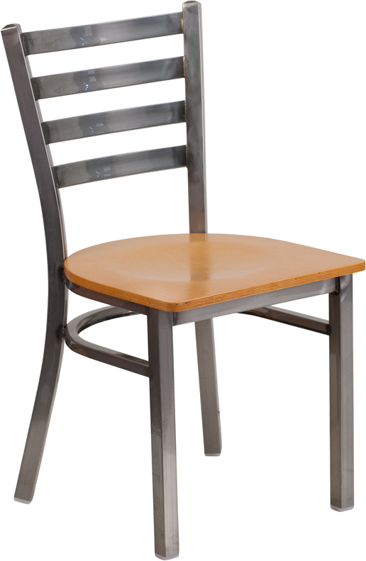 Wholesale HERCULES Series Clear Coated Ladder Back Metal Restaurant Chair - Natural Wood Seat