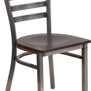 Wholesale HERCULES Series Clear Coated Ladder Back Metal Restaurant Chair - Walnut Wood Seat