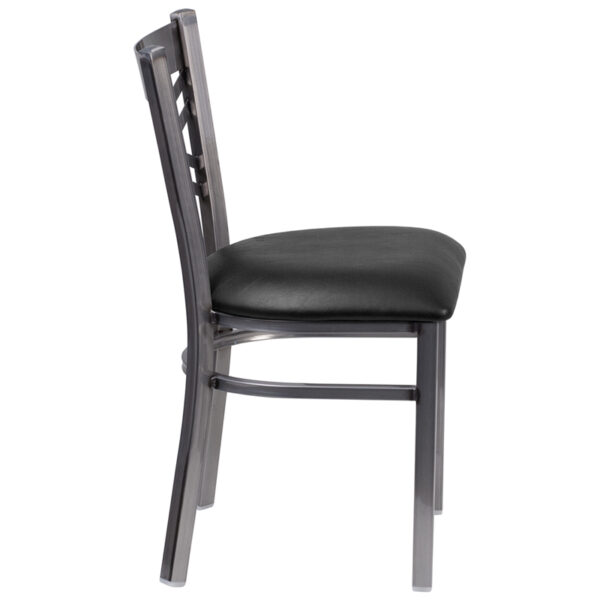 Lowest Price HERCULES Series Clear Coated ''X'' Back Metal Restaurant Chair - Black Vinyl Seat