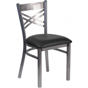 Wholesale HERCULES Series Clear Coated ''X'' Back Metal Restaurant Chair - Black Vinyl Seat