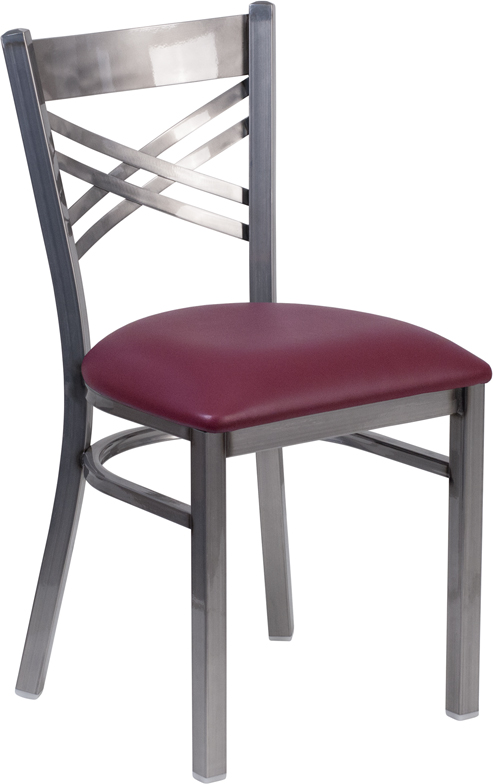 Wholesale HERCULES Series Clear Coated ''X'' Back Metal Restaurant Chair - Burgundy Vinyl Seat
