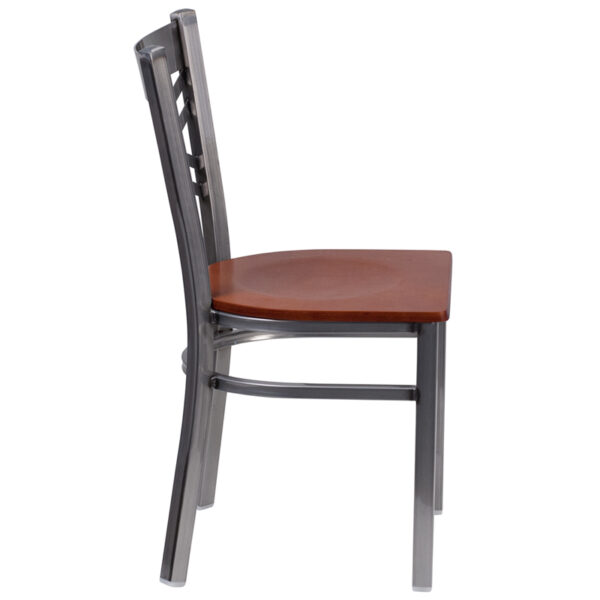 Lowest Price HERCULES Series Clear Coated ''X'' Back Metal Restaurant Chair - Cherry Wood Seat