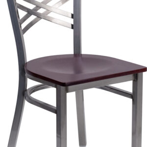 Wholesale HERCULES Series Clear Coated ''X'' Back Metal Restaurant Chair - Mahogany Wood Seat