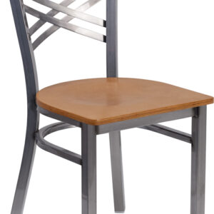 Wholesale HERCULES Series Clear Coated ''X'' Back Metal Restaurant Chair - Natural Wood Seat