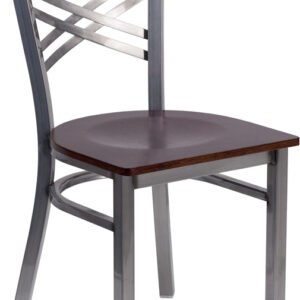 Wholesale HERCULES Series Clear Coated ''X'' Back Metal Restaurant Chair - Walnut Wood Seat