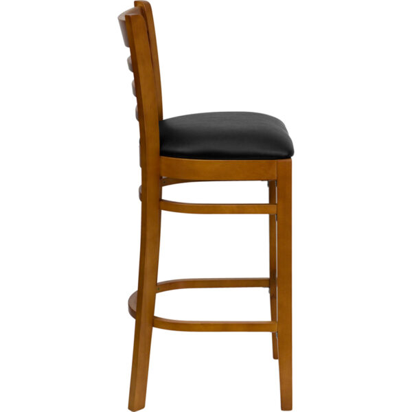 Lowest Price HERCULES Series Ladder Back Cherry Wood Restaurant Barstool - Black Vinyl Seat
