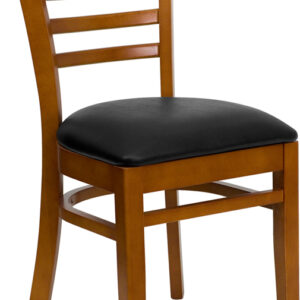 Wholesale HERCULES Series Ladder Back Cherry Wood Restaurant Chair - Black Vinyl Seat