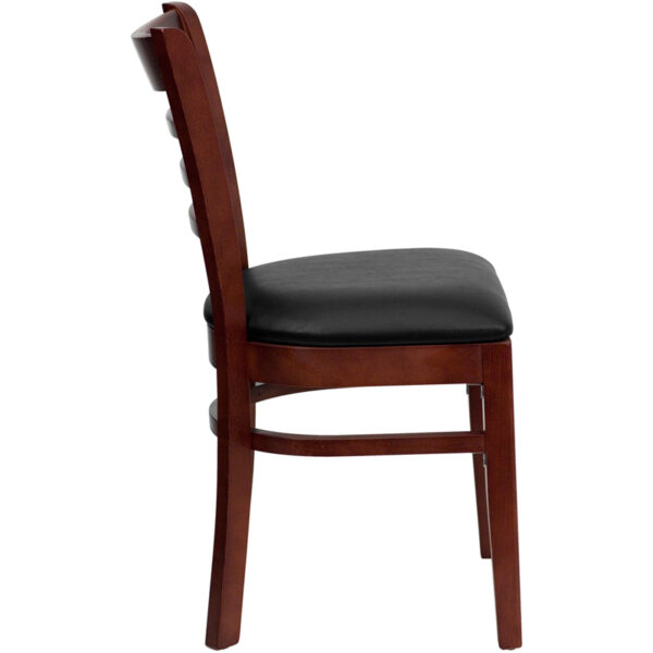 Lowest Price HERCULES Series Ladder Back Mahogany Wood Restaurant Chair - Black Vinyl Seat