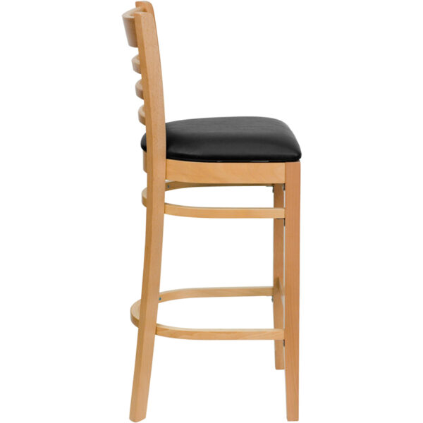 Lowest Price HERCULES Series Ladder Back Natural Wood Restaurant Barstool - Black Vinyl Seat