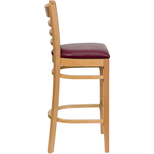 Lowest Price HERCULES Series Ladder Back Natural Wood Restaurant Barstool - Burgundy Vinyl Seat