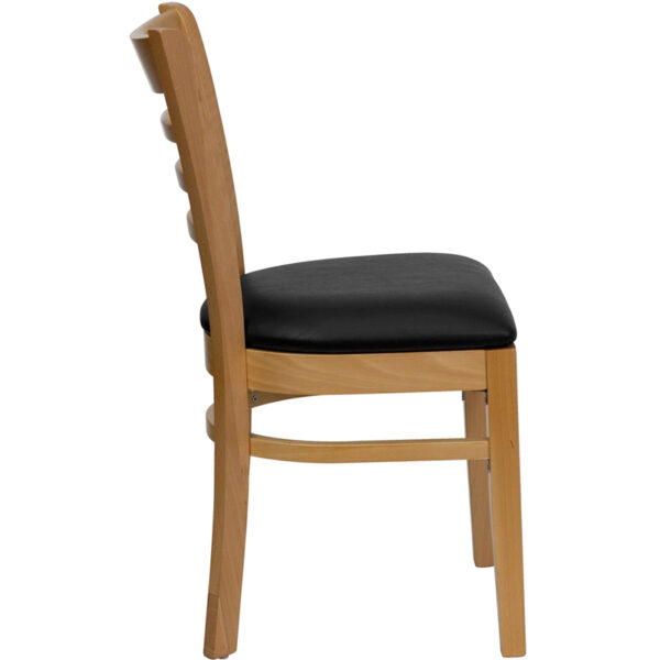 Lowest Price HERCULES Series Ladder Back Natural Wood Restaurant Chair - Black Vinyl Seat