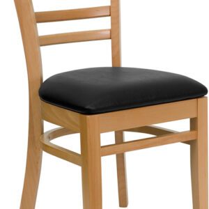 Wholesale HERCULES Series Ladder Back Natural Wood Restaurant Chair - Black Vinyl Seat