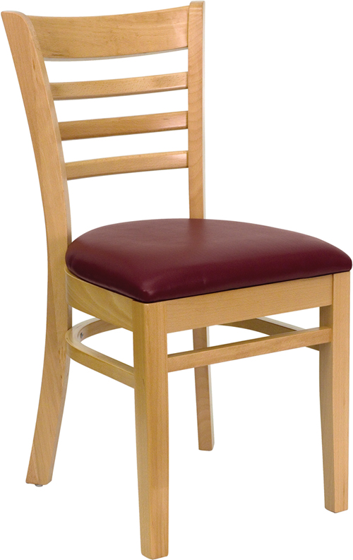 Wholesale HERCULES Series Ladder Back Natural Wood Restaurant Chair - Burgundy Vinyl Seat