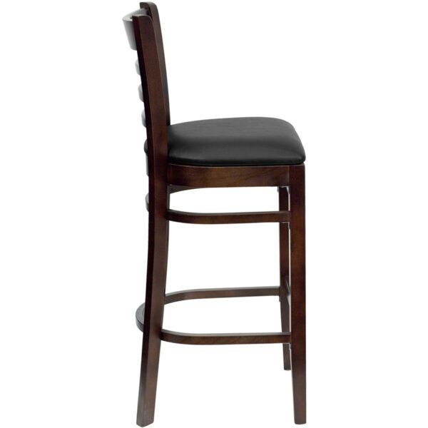 Lowest Price HERCULES Series Ladder Back Walnut Wood Restaurant Barstool - Black Vinyl Seat