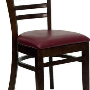 Wholesale HERCULES Series Ladder Back Walnut Wood Restaurant Chair - Burgundy Vinyl Seat