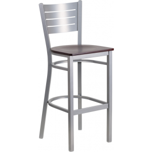 Wholesale HERCULES Series Silver Slat Back Metal Restaurant Barstool - Mahogany Wood Seat