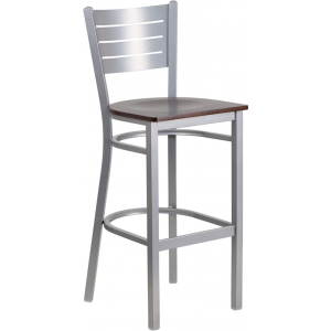 Wholesale HERCULES Series Silver Slat Back Metal Restaurant Barstool - Walnut Wood Seat