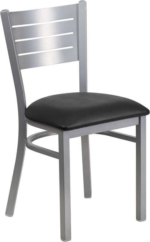 Wholesale HERCULES Series Silver Slat Back Metal Restaurant Chair - Black Vinyl Seat