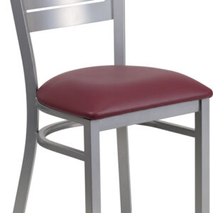 Wholesale HERCULES Series Silver Slat Back Metal Restaurant Chair - Burgundy Vinyl Seat