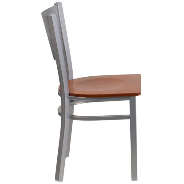 Lowest Price HERCULES Series Silver Slat Back Metal Restaurant Chair - Cherry Wood Seat