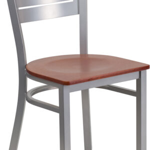 Wholesale HERCULES Series Silver Slat Back Metal Restaurant Chair - Cherry Wood Seat