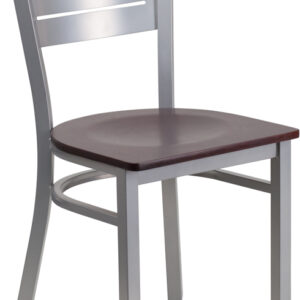 Wholesale HERCULES Series Silver Slat Back Metal Restaurant Chair - Mahogany Wood Seat