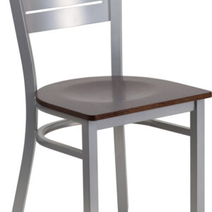 Wholesale HERCULES Series Silver Slat Back Metal Restaurant Chair - Walnut Wood Seat
