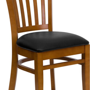 Wholesale HERCULES Series Vertical Slat Back Cherry Wood Restaurant Chair - Black Vinyl Seat