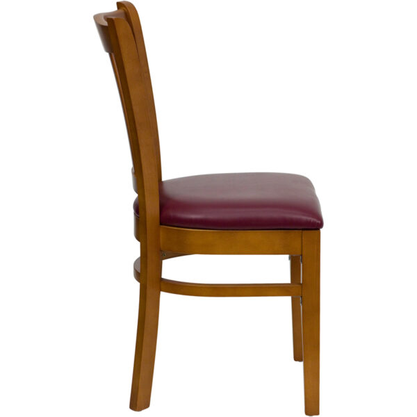 Lowest Price HERCULES Series Vertical Slat Back Cherry Wood Restaurant Chair - Burgundy Vinyl Seat