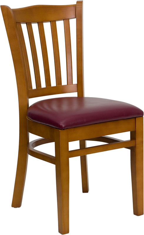 Wholesale HERCULES Series Vertical Slat Back Cherry Wood Restaurant Chair - Burgundy Vinyl Seat