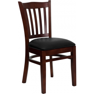 Wholesale HERCULES Series Vertical Slat Back Mahogany Wood Restaurant Chair - Black Vinyl Seat