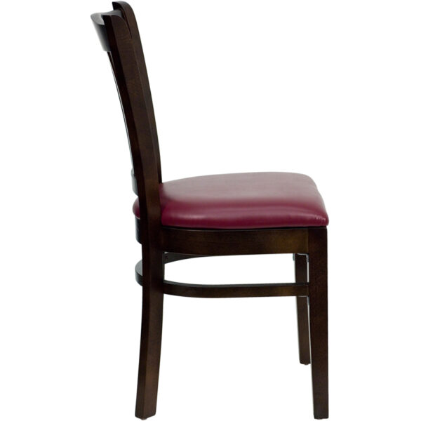 Lowest Price HERCULES Series Vertical Slat Back Mahogany Wood Restaurant Chair - Burgundy Vinyl Seat