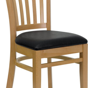 Wholesale HERCULES Series Vertical Slat Back Natural Wood Restaurant Chair - Black Vinyl Seat