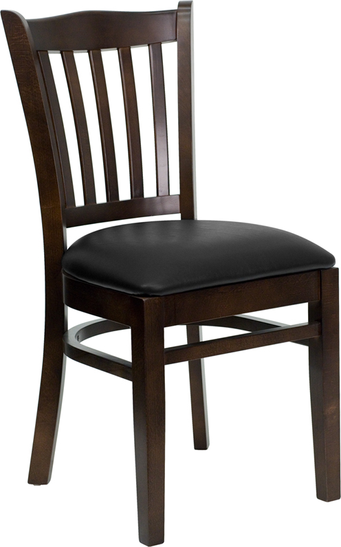 Wholesale HERCULES Series Vertical Slat Back Walnut Wood Restaurant Chair - Black Vinyl Seat