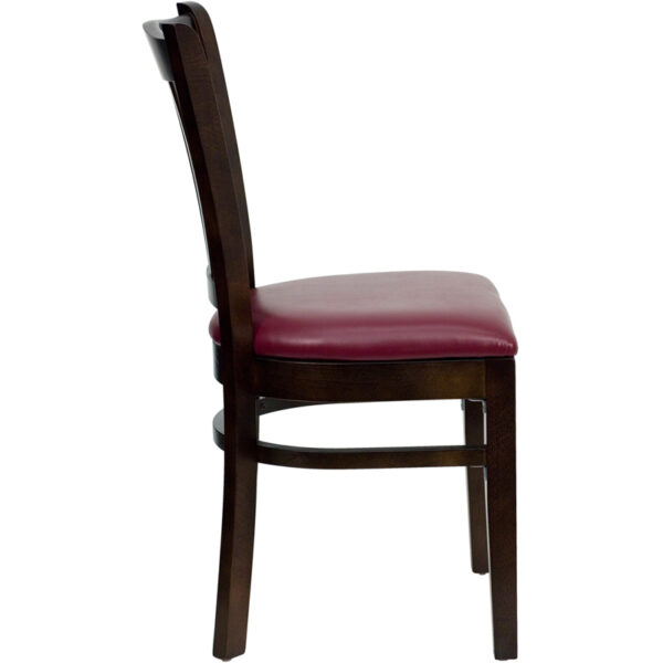 Lowest Price HERCULES Series Vertical Slat Back Walnut Wood Restaurant Chair - Burgundy Vinyl Seat