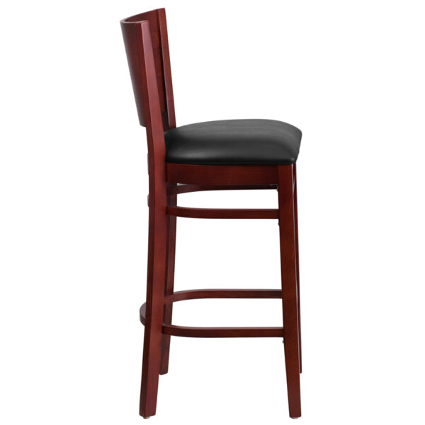 Lowest Price Lacey Series Solid Back Mahogany Wood Restaurant Barstool - Black Vinyl Seat
