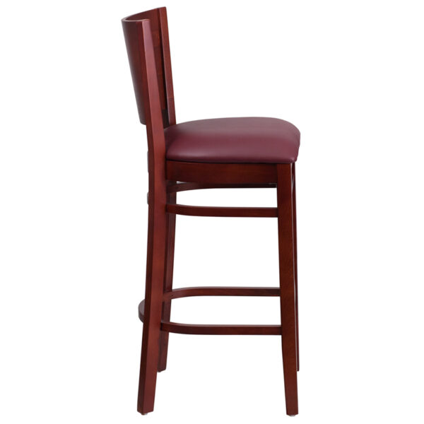 Lowest Price Lacey Series Solid Back Mahogany Wood Restaurant Barstool - Burgundy Vinyl Seat