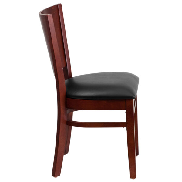Lowest Price Lacey Series Solid Back Mahogany Wood Restaurant Chair - Black Vinyl Seat